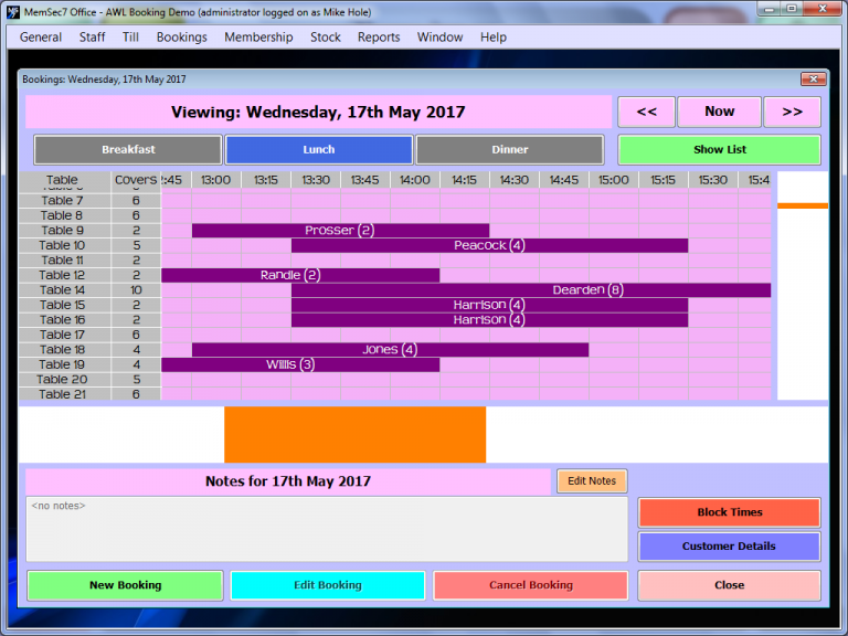 Restaurant Bookings Grid