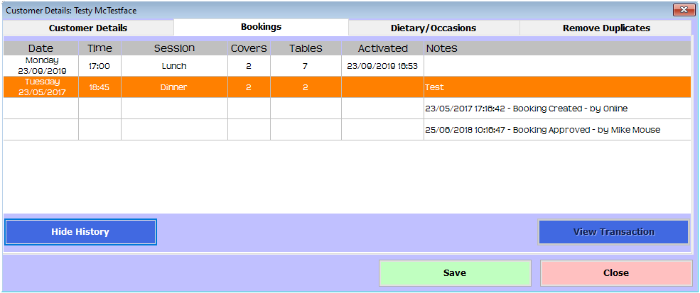 shows booking history with details expanded