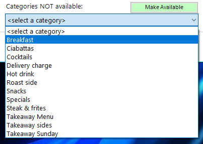 shows category drop down on menus screen with make Available button