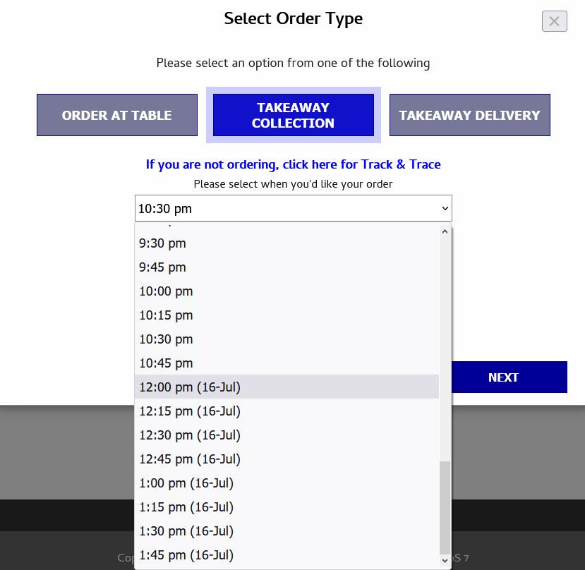 shows delivery/collection slot selection with future date