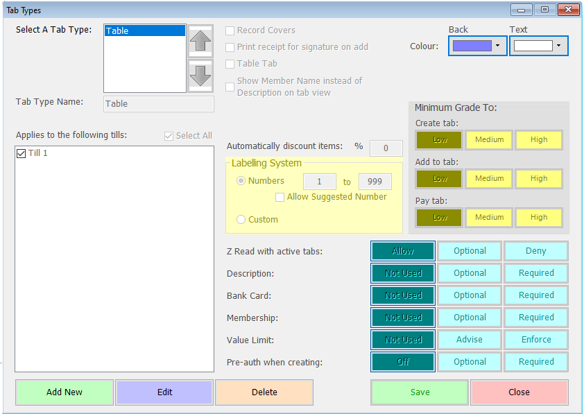 shows tab types screen with default settings for table tabs