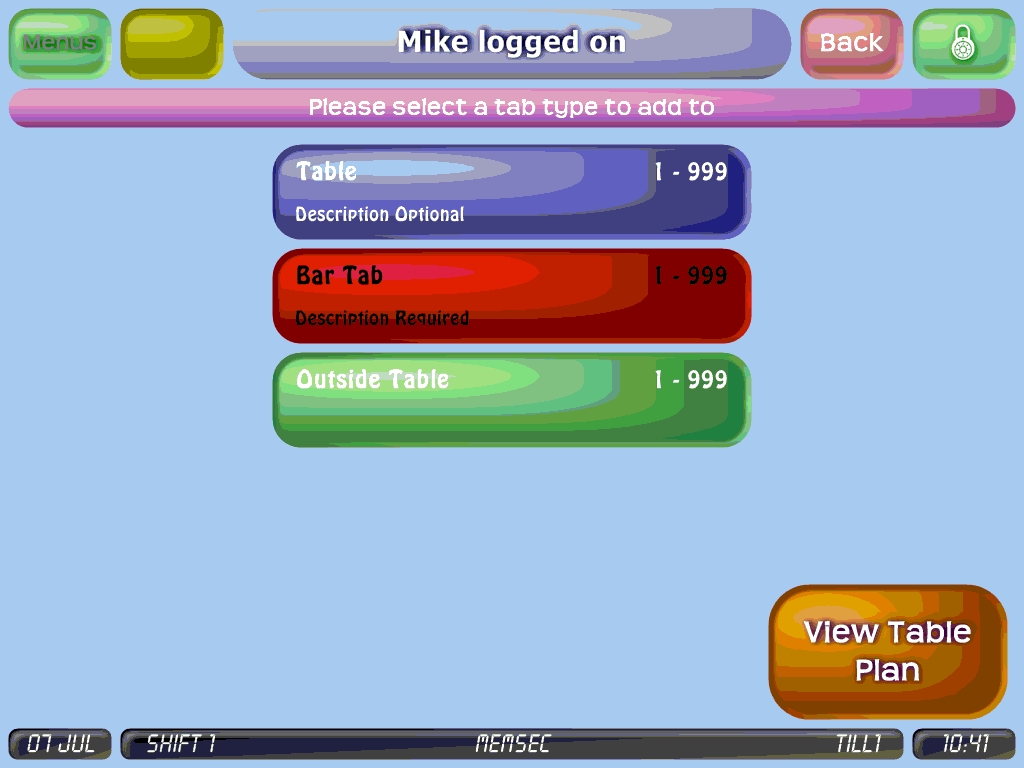 shows tab selection screen with differently coloured tab types