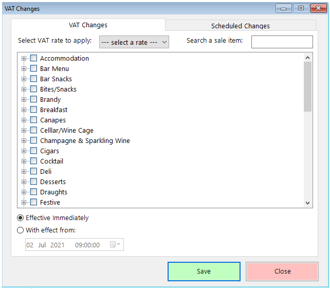 shows the VAT Changes form