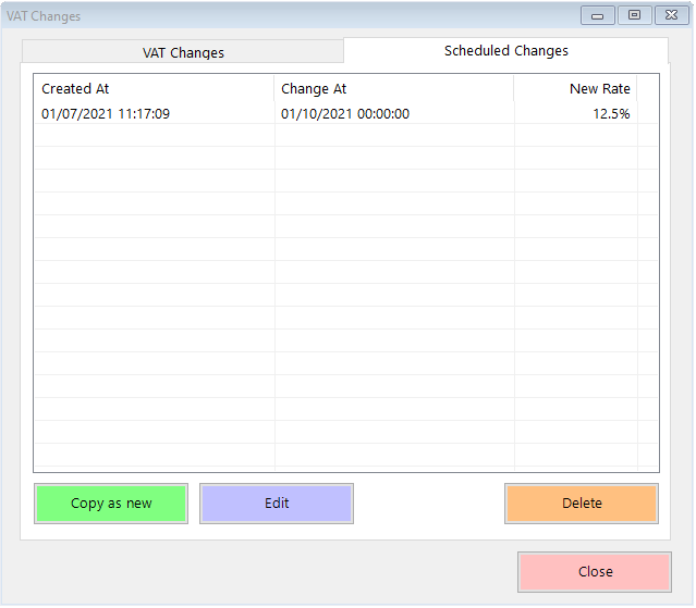 shows list of scheduled VAT changes