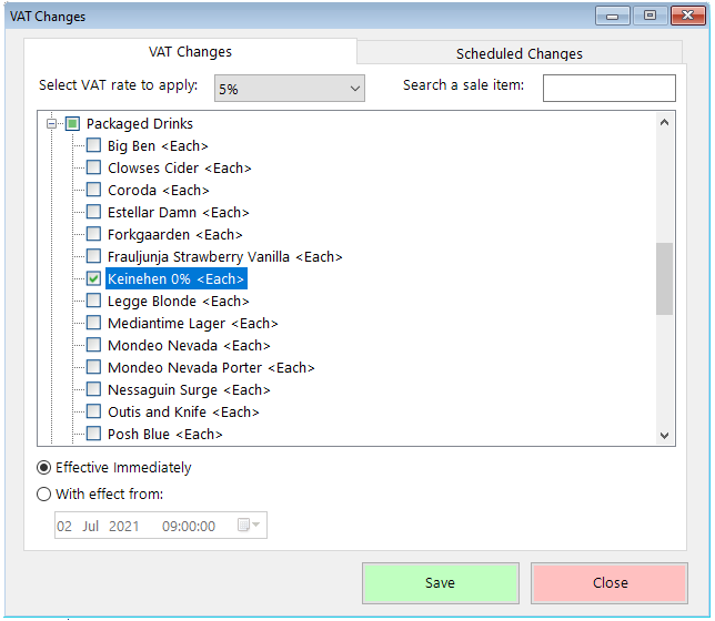 shows VAT Change tool with a category expanded