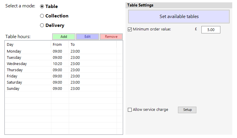 shows table availability screen