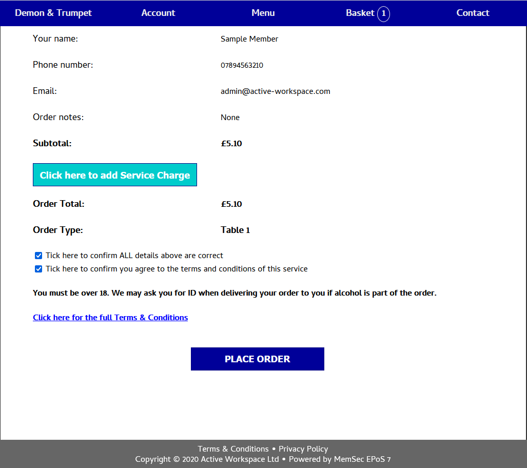 shows webapp checkout screen with optional service charge