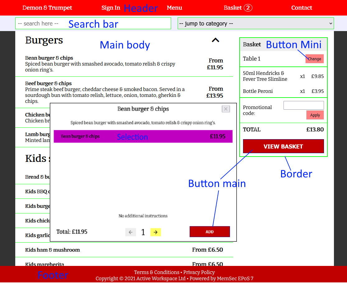 shows areas of web app and their colour settings