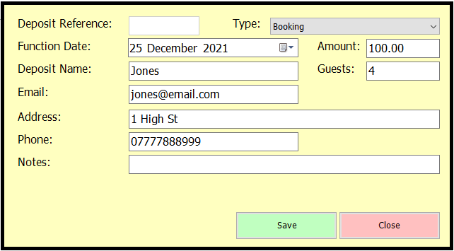 shows form for adding or editing a deposit in the back office