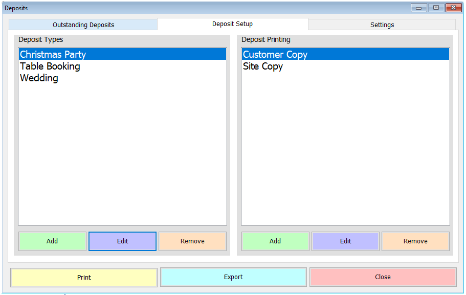 shows the deposit setup tab