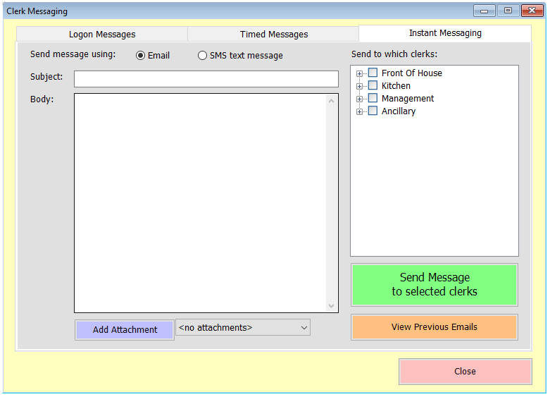 Shows the clerk messaging screen in blank email format