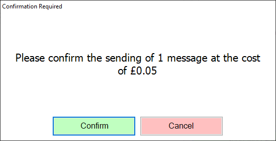 Shows SMS cost confirmation message