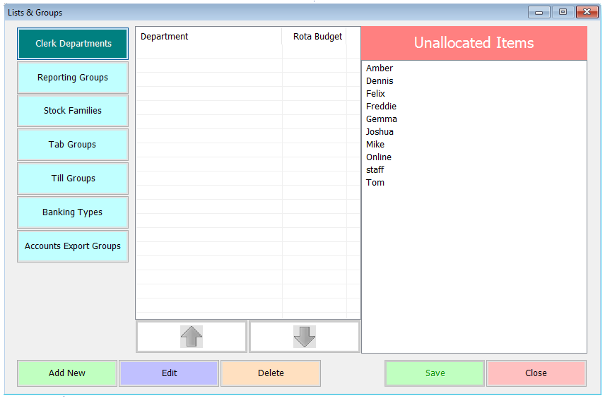 Shows the lists & groups screen with Clerk Departments selected