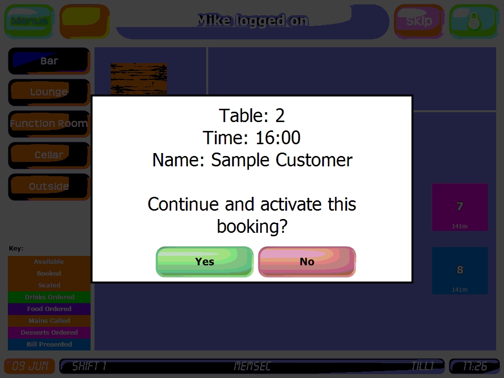 shows prompt to activate table booking when selected from table plan