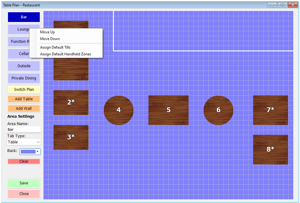 shows table plan with context menu for areas