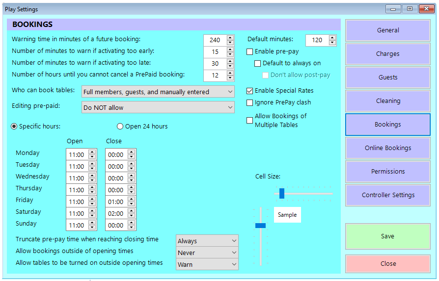 shows play booking settings screen