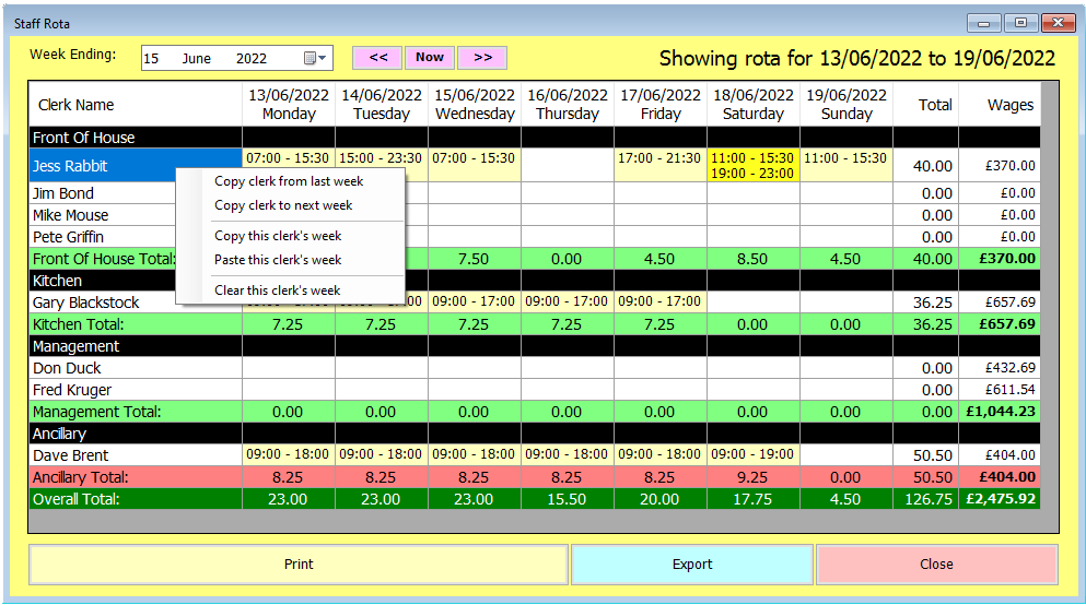 rota screen with copy context menu