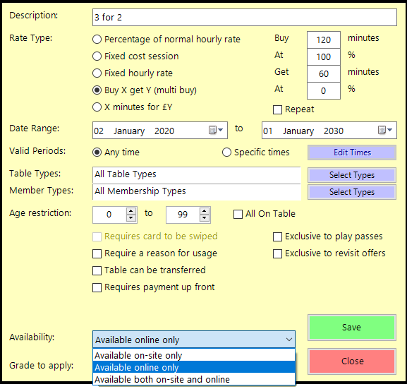 shows special rate edit screen with availability drop-down expanded