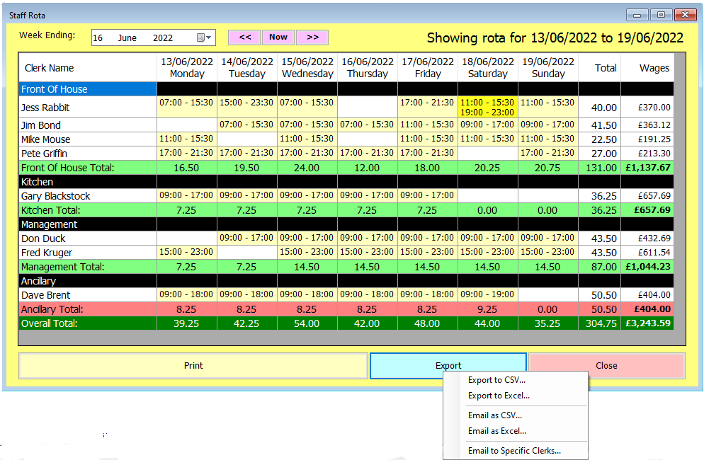 shows rota export options