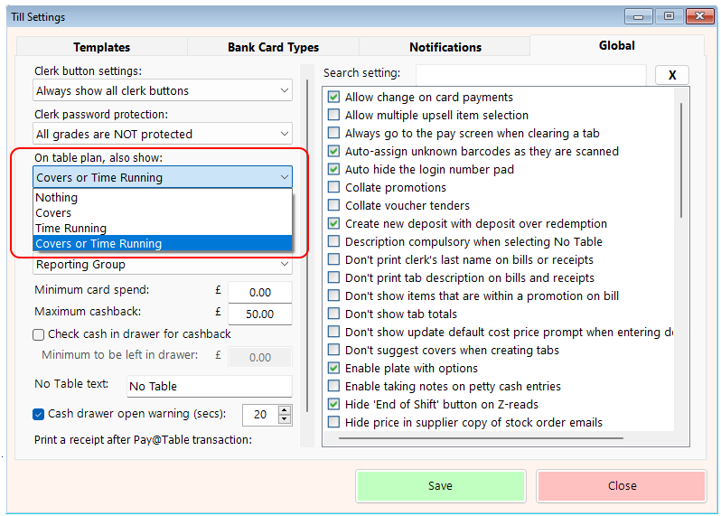 shows till settings global tabl with additional table plan information drop-down highlighted