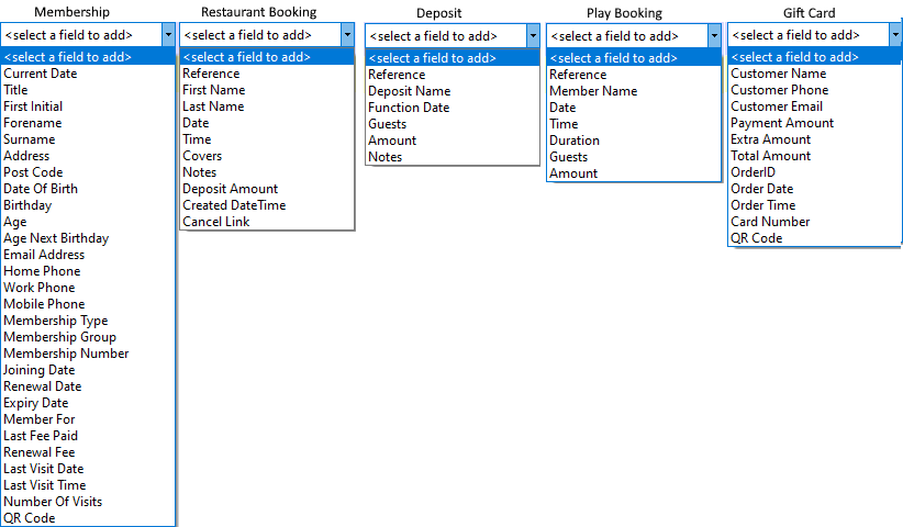 shows the 5 types of merge field lists