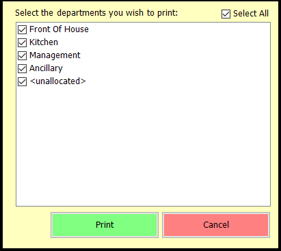 shows rota print department selection screen