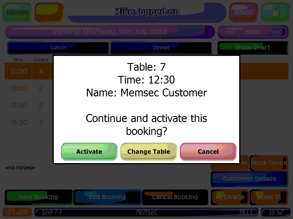 shows prompt on activating a booking giving a choice of activate, change table and cancel