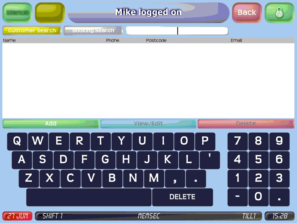 shows the booking customer search screen on the till