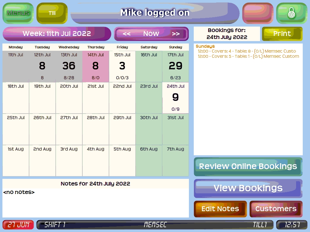 Restaurant Bookings Guide: Main Diary Page - Active Workspace