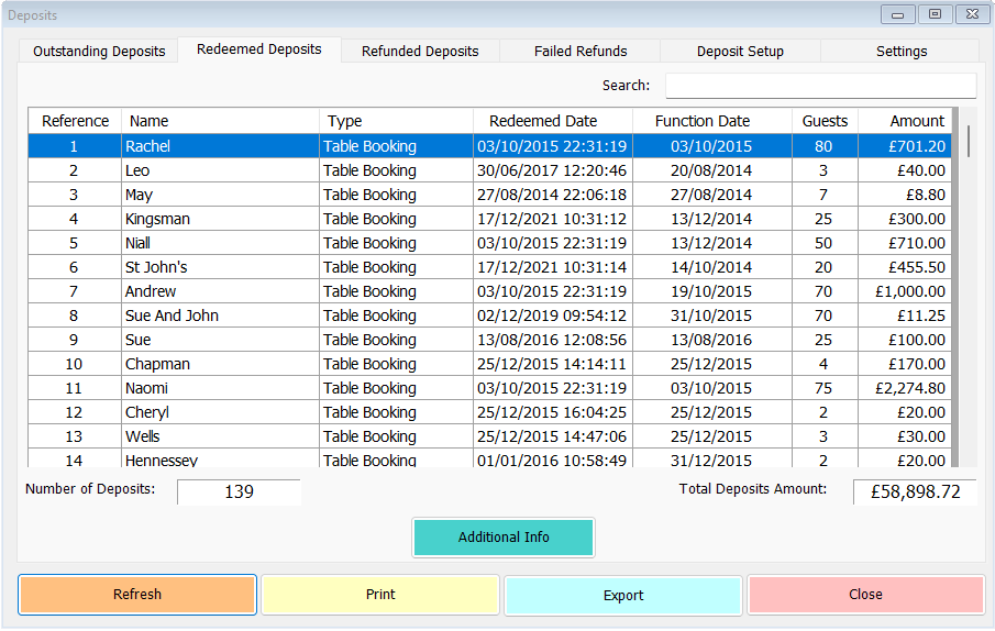 shows list of previously redeemed deposits