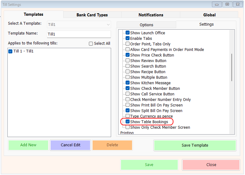 shows till settings screen with Show Table Bookings option enabled