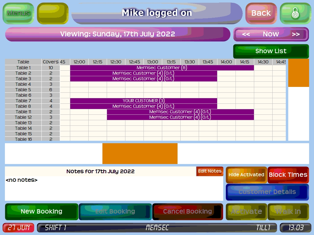 shows day's bookings in chart view