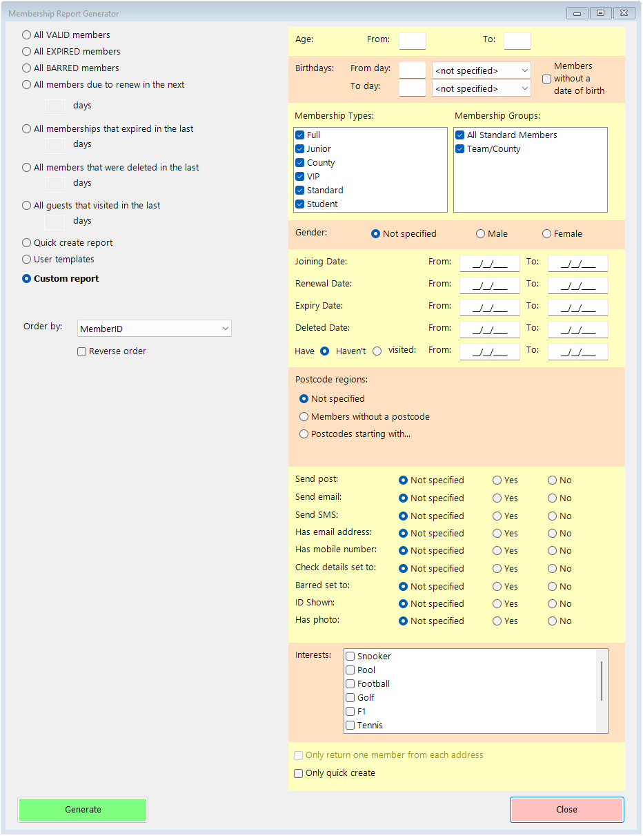 shows membership report generator form, as opened