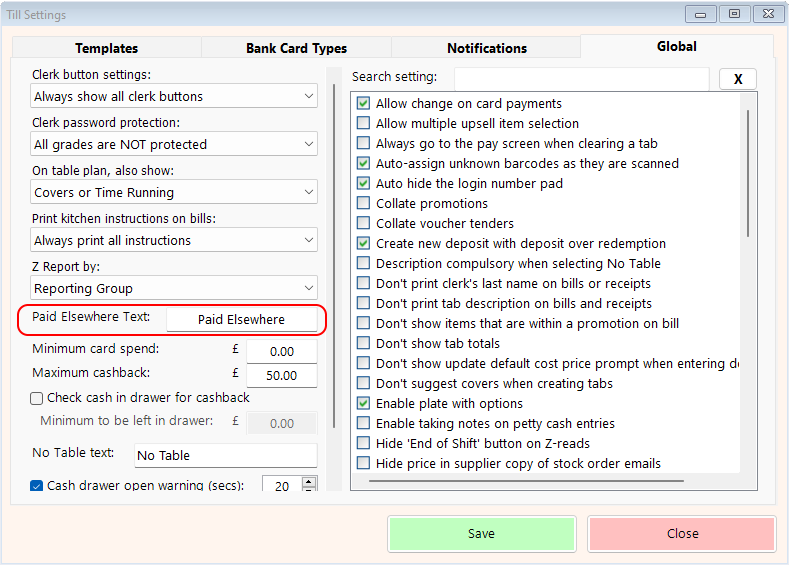 shows the till settings global tab with paid elsewhere text highlighted