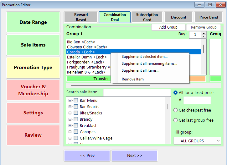 shows combination deal supplement menu