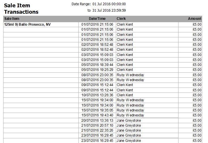 shows a sample extract from the sale item transactions report