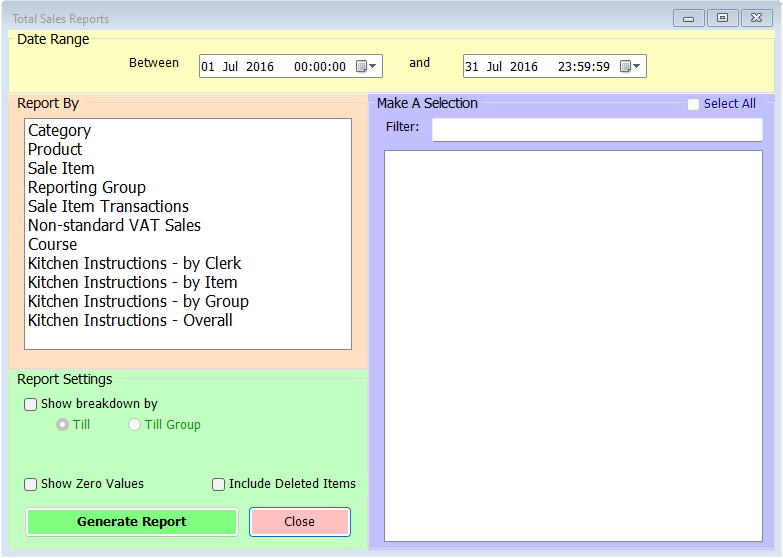 shows total sales report form with no selection made