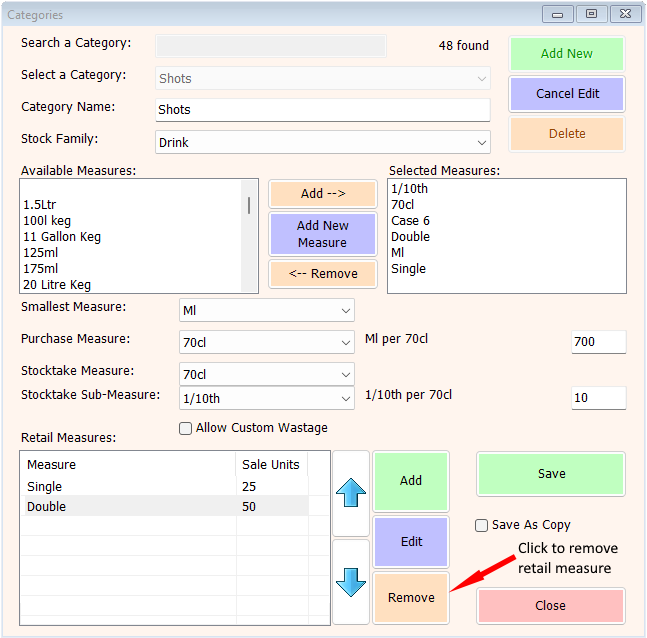 shows a category being edited and the option to remove a retail measure