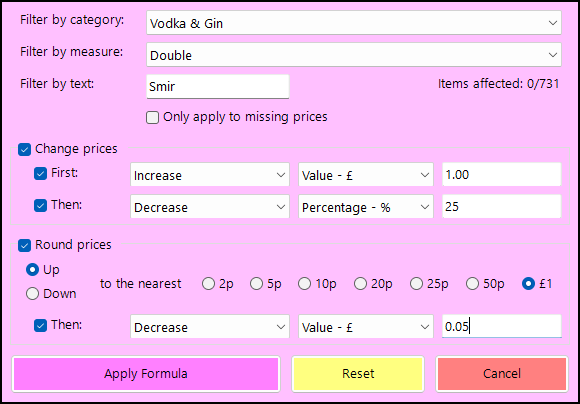 shows the change price by formula screen in price band configuration