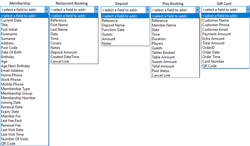 shows the 5 types of merge field lists