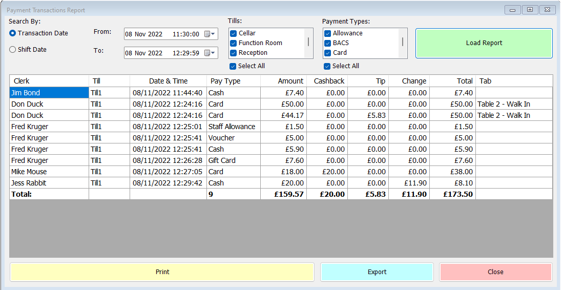 shows a sample payment transactions report